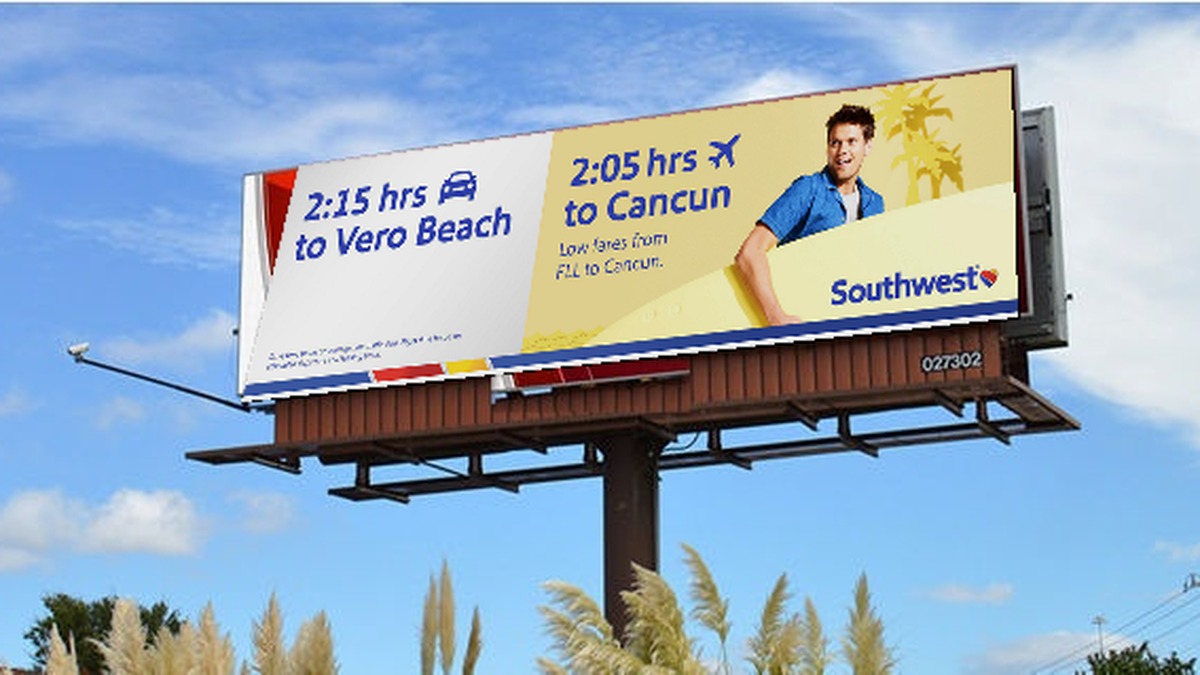 Concept mockup of the Southwest Airlines drive-time ad simulated onto a digital billboard screen